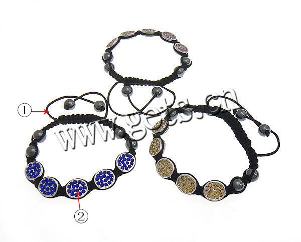 Zinc Alloy Woven Ball Bracelets, with Wax Cord & Hematite, handmade, Customized & with A grade rhinestone, more colors for choice, 12x10.5x4.5mm, 8mm, Length:Approx 7-10 Inch, Sold By Strand