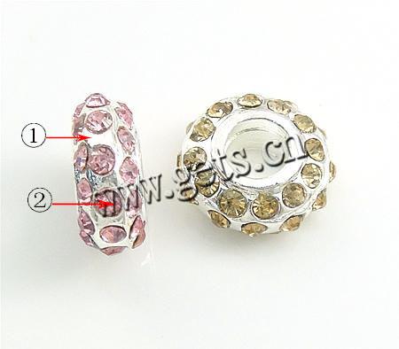 Rhinestone European Beads, with Zinc Alloy, Rondelle, plated, without troll, more colors for choice, 14x6mm, Hole:Approx 6mm, Sold By PC