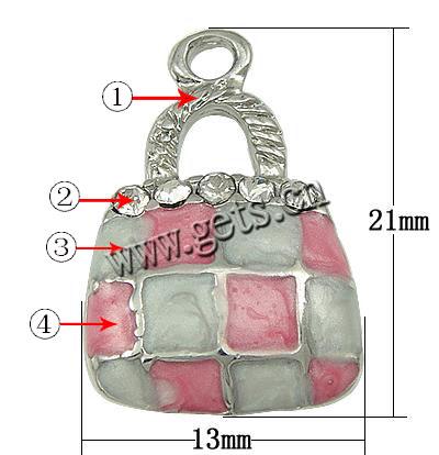 Pendentifs de sac à main en alliage zinc, alliage de zinc, Placage, émail & avec strass, plus de couleurs à choisir, 13x21x4.5mm, Trou:Environ 2mm, Vendu par PC