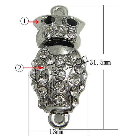 Zinc Alloy Magnetic Clasp, Animal, plated, with rhinestone & single-strand, more colors for choice, 31.5x13mm, Sold By PC