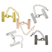 Brass Lobster Claw Cord Clasp, plated, with ribbon crimp end & with extender chain 