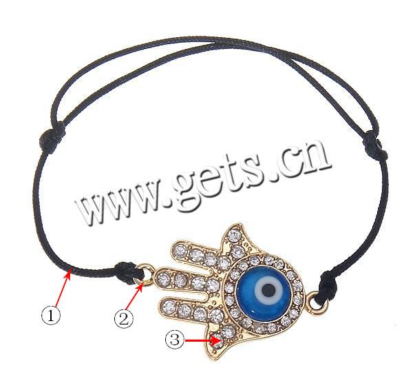 Hamsa Bracelets, Zinc Alloy, with Wax Cord & Lampwork, Hand, plated, Islamic jewelry, more colors for choice, 27x29x5mm, Length:Approx 7-12 Inch, Sold By Strand