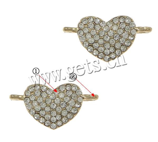 Rhinestone Zinc Alloy Connector, Heart, plated, Customized & 1/1 loop, more colors for choice, cadmium free, 22x11x4mm, Hole:Approx 2mm, Sold By PC