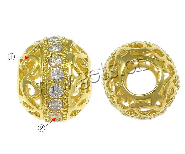 Cubic Zirconia Micro Pave Brass Beads, Rondelle, plated, micro pave cubic zirconia & large hole & hollow, more colors for choice, 8x10mm, Hole:Approx 4mm, Sold By PC