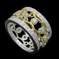 Cubic Zirconia Sterling Silver Finger Ring, 925 Sterling Silver, plated, with cubic zirconia & two tone, 11mm, US Ring 