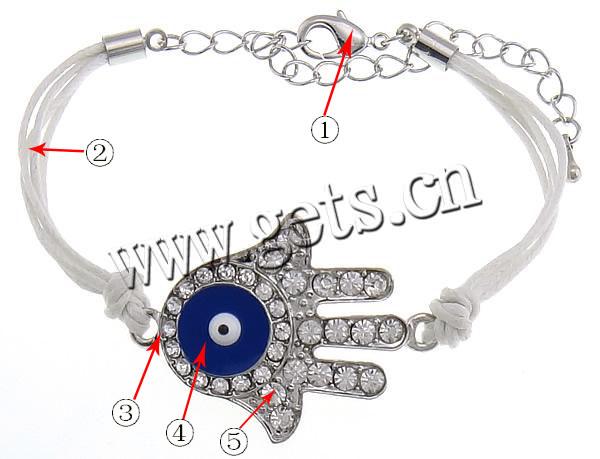 Hamsa Bracelets, Zinc Alloy, with Wax Cord, brass lobster clasp, Hand, plated, enamel & with rhinestone, more colors for choice, 26x36mm, 4mm, Length:Approx 7 Inch, Sold By Strand