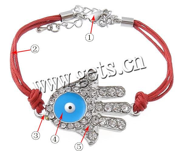 Hamsa Bracelets, Zinc Alloy, with Wax Cord, brass lobster clasp, Hand, plated, enamel & with rhinestone, more colors for choice, 26x36mm, 4mm, Length:Approx 7 Inch, Sold By Strand