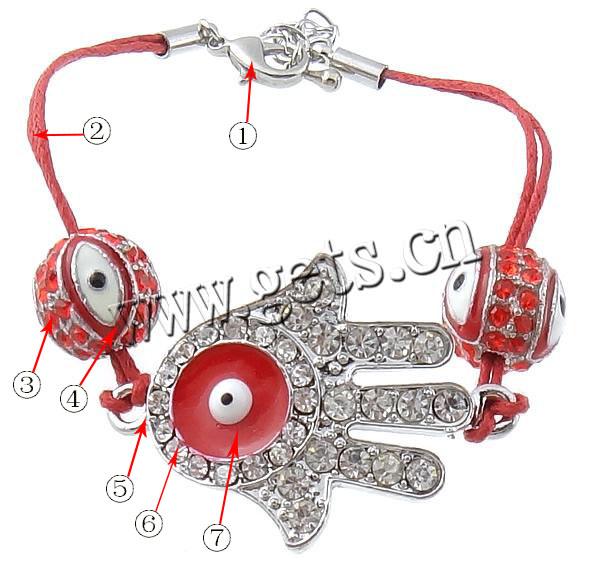 Hamsa Bracelets, Zinc Alloy, with Wax Cord, brass lobster clasp, Hand, plated, more colors for choice, 26x36mm, 4mm, 12mm, Length:Approx 7 Inch, Sold By Strand