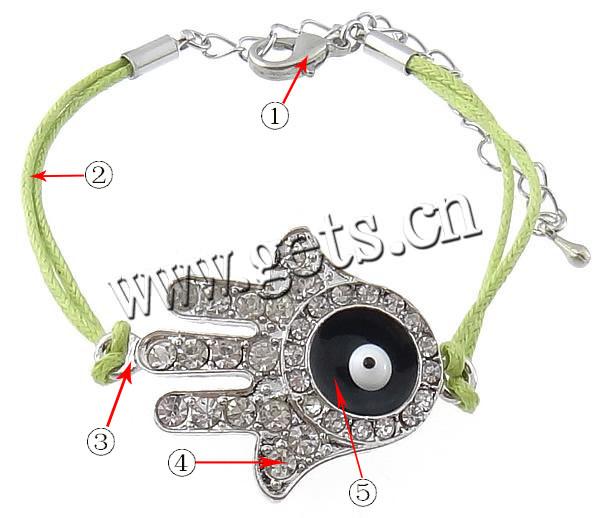 Hamsa Bracelets, Zinc Alloy, brass lobster clasp, Hand, plated, enamel & with rhinestone, more colors for choice, 26x36mm, 4mm, Length:Approx 6 Inch, Sold By Strand