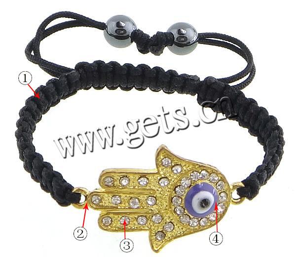 Hamsa Bracelets, Zinc Alloy, with Wax Cord, Hand, plated, enamel & with rhinestone, more colors for choice, 21x35mm, 5mm, 7mm, Length:Approx 6-9 Inch, Sold By Strand