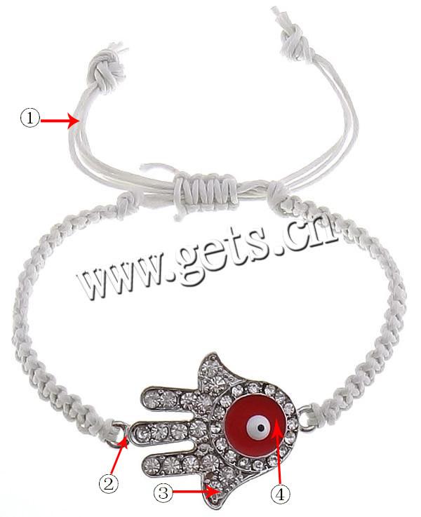 Hamsa Bracelets, Zinc Alloy, with Wax Cord, Hand, plated, enamel & with rhinestone, more colors for choice, 26x37mm, 3mm, Length:Approx 7-10 Inch, Sold By Strand