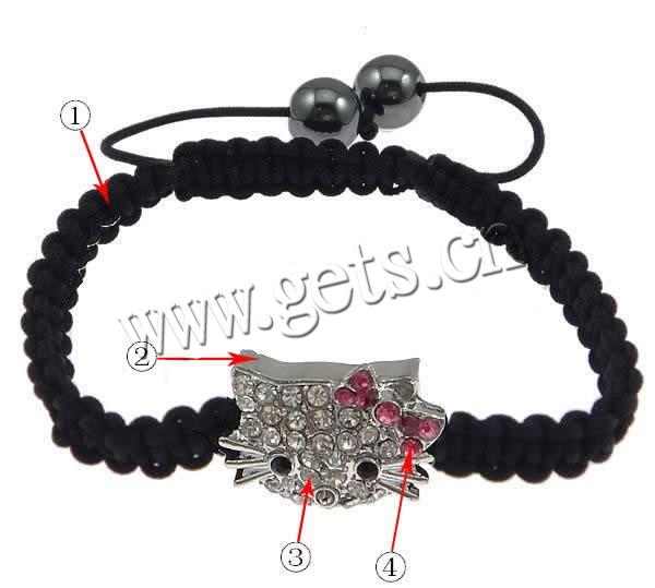 Zinc Alloy Woven Ball Bracelets, with Wax Cord, Cat, handmade, with rhinestone, more colors for choice, Length:Approx 7-10 Inch, Sold By Strand