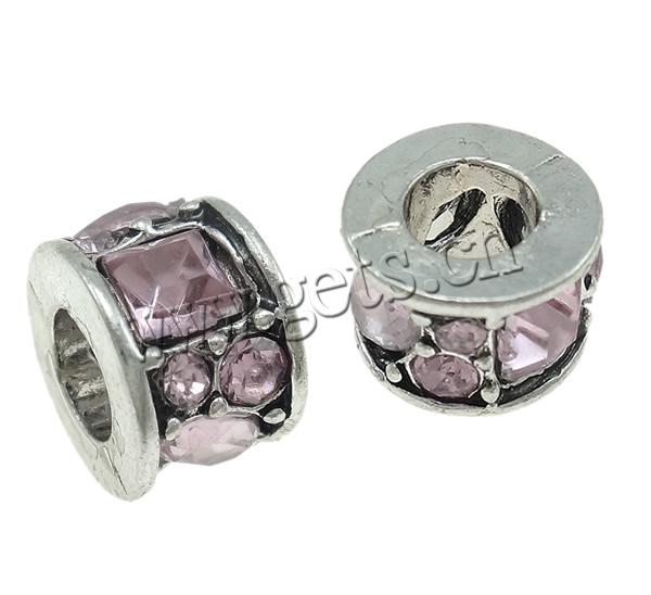 Rhinestone Zinc Alloy European Beads, Column, plated, Customized & without troll, more colors for choice, 10x7mm, Hole:Approx 5mm, Sold By PC