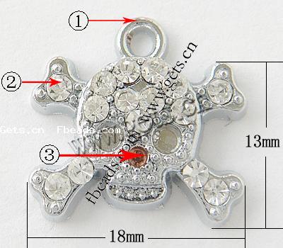 Pendentifs crâne en alliage de zinc, crane, Placage, avec strass, plus de couleurs à choisir, 18x13x4mm, Trou:Environ 2mm, Vendu par PC