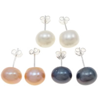Freshwater Pearl Stud Earring, brass post pin, silver color plated, mixed, mixed colors, 10-11mm 