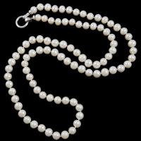 Natural Freshwater Pearl Long Necklace, brass foldover clasp, Round, single-strand 9-10mm Inch 
