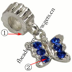Zinc Alloy European Pendants, Butterfly, plated, with rhinestone, more colors for choice, 14x8mm, 11x8mm, Sold By PC