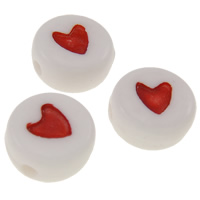 Solid Color Acrylic Beads, Flat Round, with letter pattern & double-sided, white Approx 1mm, Approx 