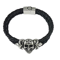 Men Bracelet, PU Leather, with Stainless Steel, Skull, plated, braided &  & blacken 5mm Approx 8 Inch 