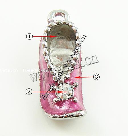 Zinc Alloy Shoes Pendants, with Rhinestone & enamel, plated, enamel & with rhinestone, more colors for choice, 11x28mm, Sold By PC