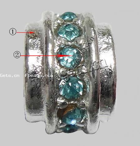 Rhinestone Zinc Alloy European Beads, Rondelle, plated, without troll & with rhinestone, more colors for choice, 6.5x8mm, Hole:Approx 4.5mm, Sold By PC