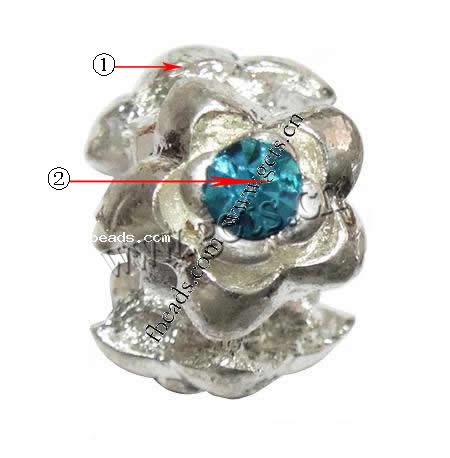 Rhinestone Zinc Alloy European Beads, Flower, plated, without troll & with rhinestone, more colors for choice, 9x12mm, Hole:Approx 5mm, Sold By PC