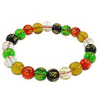 Om Mani Padme Hum Bracelet, Glass, with Elastic Thread & Black Agate, Round, Carved, gold accent, 8mm Approx 7 Inch 