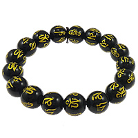 Om Mani Padme Hum Bracelet, Black Agate, with Elastic Thread, Round, Carved, gold accent, 12mm Approx 7 Inch 
