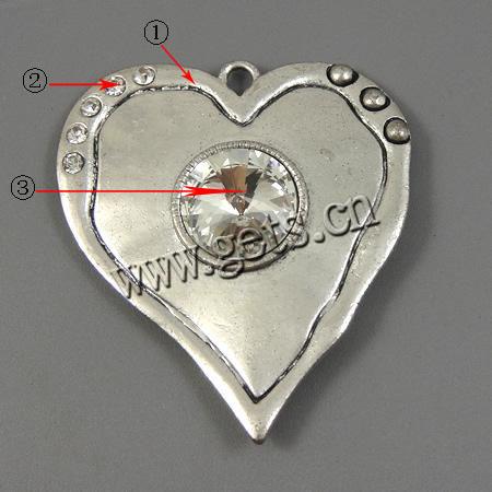 Zinklegierung Herz Anhänger, plattiert, mit Strass, keine, 57x62x10mm, Bohrung:ca. 4mm, verkauft von PC
