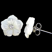 Seashell Earrings, Natural Seashell, stainless steel post pin, Flower, plated, with Czech rhinestone 