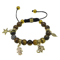 Tiger Eye Woven Ball Bracelets, with Rhinestone Clay Pave Bead & Nylon Cord & Zinc Alloy, antique gold color plated 10mm  10mm  Inch 