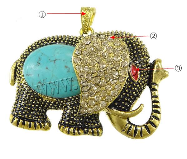 Synthetic Turquoise Pendants, with Brass, Elephant, plated, enamel & with rhinestone & blacken, more colors for choice, 65.5x52x15mm, Hole:Approx 4x7mm, Sold By PC