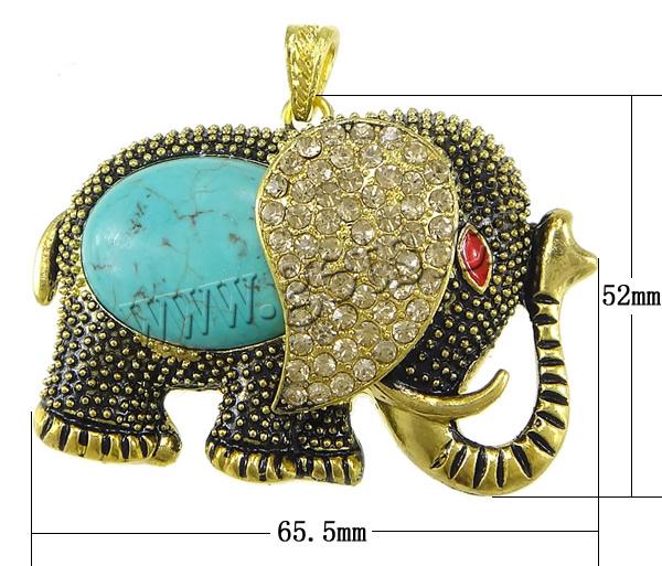Synthetic Turquoise Pendants, with Brass, Elephant, plated, enamel & with rhinestone & blacken, more colors for choice, 65.5x52x15mm, Hole:Approx 4x7mm, Sold By PC