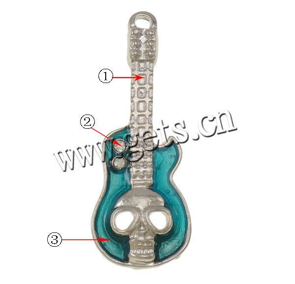 Musical Instrument Shaped Zinc Alloy Pendants, Guitar, plated, Customized & enamel & with rhinestone, more colors for choice, 11.5x31x3mm, Hole:Approx 1.5mm, Sold By PC