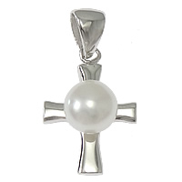 Cultured Pearl Sterling Silver Pendants, 925 Sterling Silver, with Freshwater Pearl, Cross, platinum plated Approx 