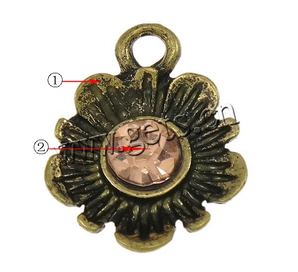 Zinc Alloy Flower Pendants, plated, Customized & with rhinestone, more colors for choice, 11x3.5x14mm, Hole:Approx 2mm, Sold By PC