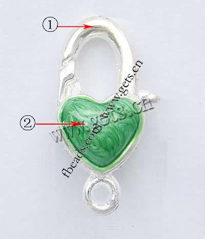 Brass Lobster Claw Clasp, Heart, plated, enamel, more colors for choice, 21.5x12x10mm, Hole:Approx 2mm, Sold By PC