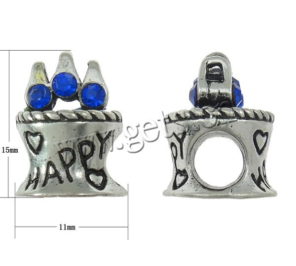 Zinc Alloy Message European Beads, Cake, word happy, plated, with heart pattern & with letter pattern & without troll & with rhinestone & blacken, more colors for choice, cadmium free, 11x15mm, Hole:Approx 5mm, Sold By PC