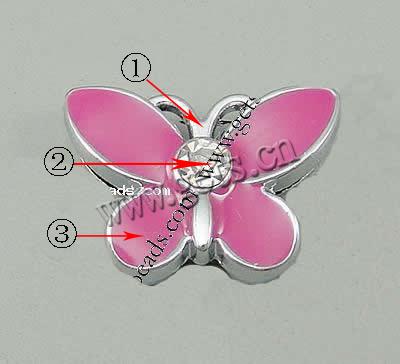 Zinc Alloy Slide Charm, with Rhinestone & enamel, Butterfly, plated, enamel & with rhinestone, more colors for choice, 17x12x6mm, Hole:Approx 8x2mm, Sold By PC