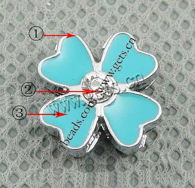 Zinc Alloy Slide Charm, with enamel, Flower, plated, enamel & with rhinestone, more colors for choice, 11x11x5mm, Hole:Approx 7x2mm, Sold By PC