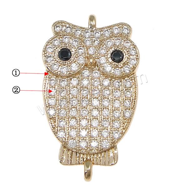 Cubic Zirconia Micro Pave Brass Connector, Owl, plated, micro pave cubic zirconia & 1/1 loop, more colors for choice, 13x22x2.5mm, Hole:Approx 1.2mm, Sold By PC