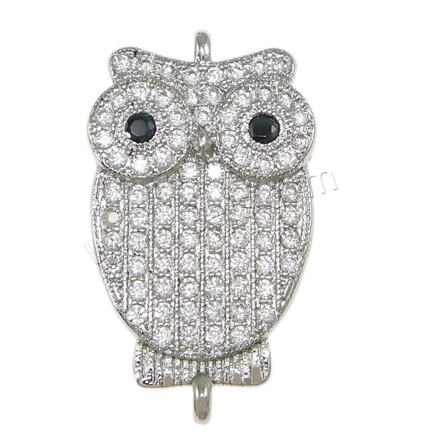 Cubic Zirconia Micro Pave Brass Connector, Owl, plated, micro pave cubic zirconia & 1/1 loop, more colors for choice, 13x22x2.5mm, Hole:Approx 1.2mm, Sold By PC