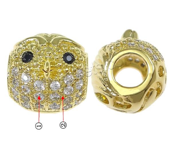 Cubic Zirconia Micro Pave Brass European Bead, Owl, plated, micro pave cubic zirconia & without troll & hollow, more colors for choice, 11x11mm, Hole:Approx 4.5mm, Sold By PC