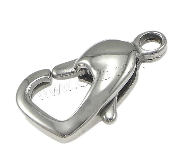 Stainless Steel Lobster Claw Clasp, Heart, original color, 14.7x8.2x3mm, Hole:Approx 2mm, Sold By PC