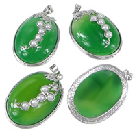Agate Brass Pendants, with Green Agate & Freshwater Pearl, Flat Oval, platinum color plated, cadmium free Approx 