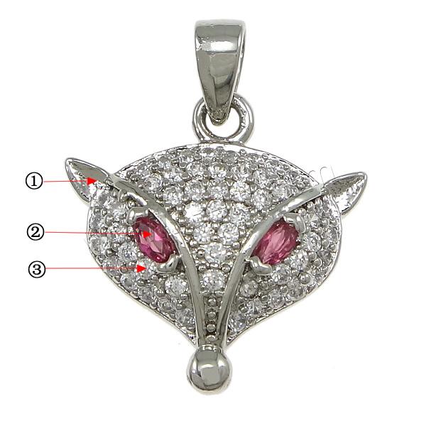 Cubic Zirconia Micro Pave Brass Pendant, Fox, plated, micro pave 51 pcs cubic zirconia, more colors for choice, nickel, lead & cadmium free, 16x16x3.5mm, Hole:Approx 2.5x3mm, Sold By PC