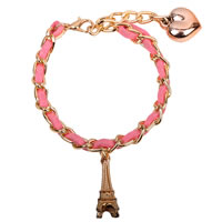 Chain Woven Bracelets, Zinc Alloy, with Velveteen Cord, with 2inch extender chain, Eiffel Tower, plated, pink, lead & nickel free, 60mm Approx 7.5 Inch 
