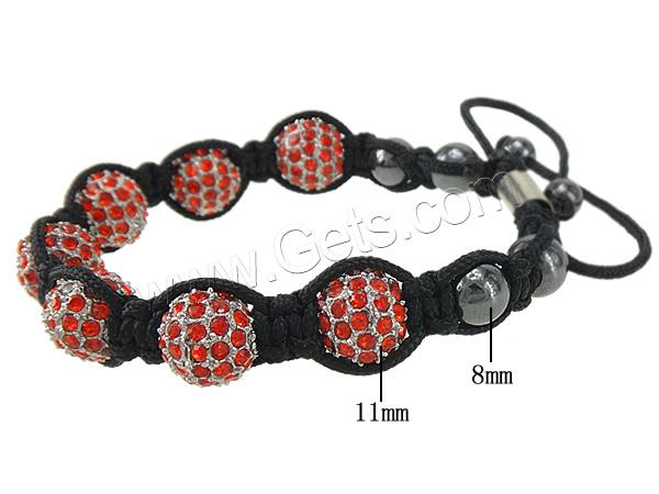 Bracelets de Woven Ball à stras , alliage de zinc, avec corde en nylon & hématite non magnétique, Placage, avec strass, plus de couleurs à choisir, sans plomb et cadmium, 32x27mm, 4x6mm, Longueur:6-11 pouce, Vendu par brin