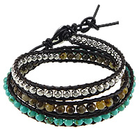 Synthetic Turquoise Wrap Bracelet, with Cowhide & Tiger Eye & Zinc Alloy, brass clasp, platinum color plated , 7mm, 4mm Inch 