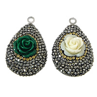 Rhinestone Clay Pave Pendants, Stainless Steel, with Rhinestone Clay Pave & Resin, Teardrop, with 217 pcs rhinestone & with flower pattern, mixed colors Approx 3mm 